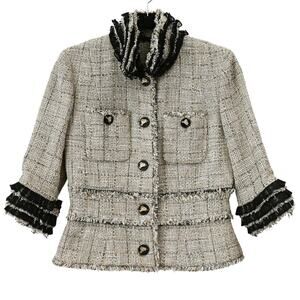 Chanel Beige Metallic Gold Silver Tweed Fringe Trim Jacket Size 38 Approx US 6